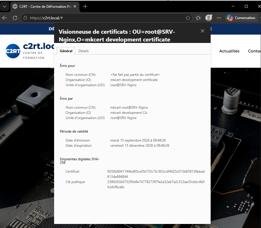 Navigateur affichant https://c2rt.local avec cadenas vert